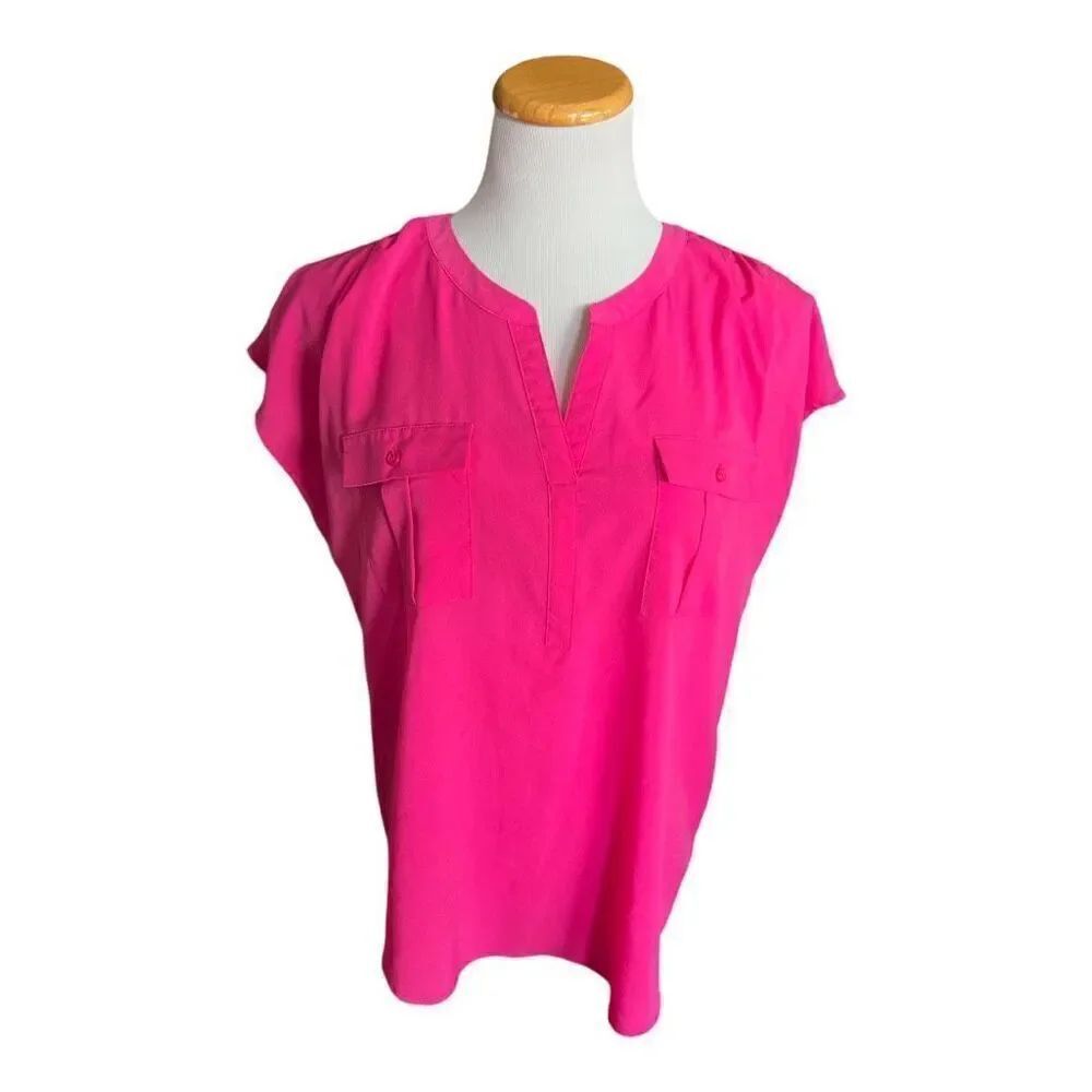 Womens Jaclyn Smith Collection Pink Split Neck Cap Sleeve Blouse Top - Sz L